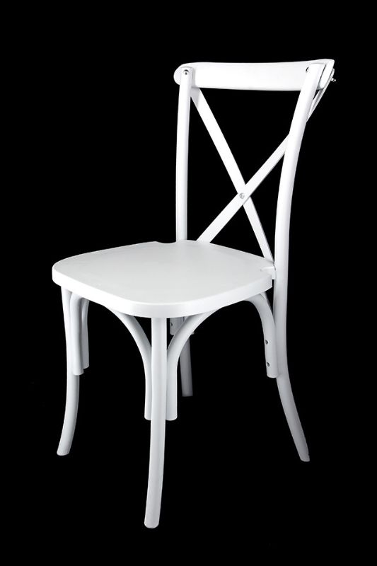 Stackable white resin Cross Back chairs set of 4, ideal for stylish and durable event seating indoors or outdoors.