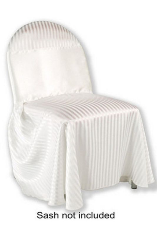 Oval chair cover set in white with wide stripes, designed for durability and style, perfect for dining and events. Set of 10.