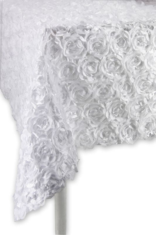 Elegant white satin tablecloth adorned with 3D rose blooms, perfect for weddings and upscale events, 1m wide by 2.7m long.