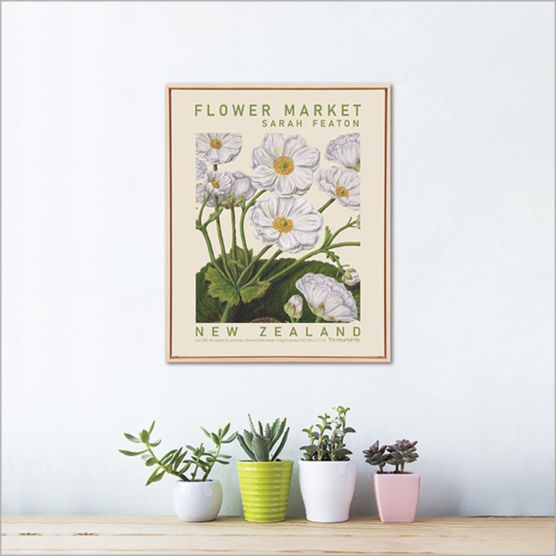 Framed canvas print of Mountain Lily watercolor art by Sarah Featon, 52.5cm, ready to hang for elegant home decor.