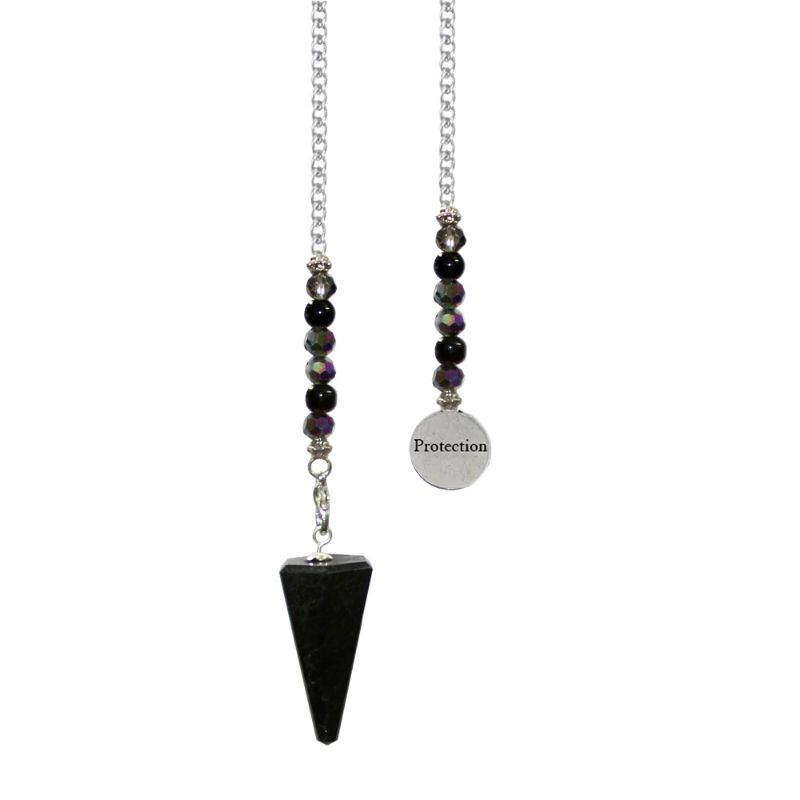 A 28cm polished black tourmaline pendulum with beads and a protective charm, designed for energy balance and spiritual practices.
