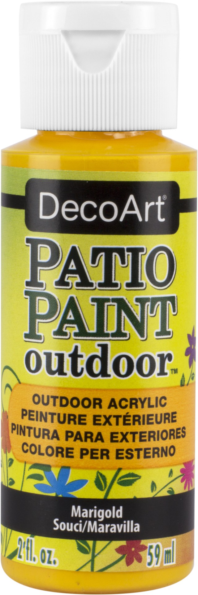 Vibrant 2oz Marigold patio paint for outdoor furniture, offers superior adhesion, easy clean-up, and a durable satin finish.