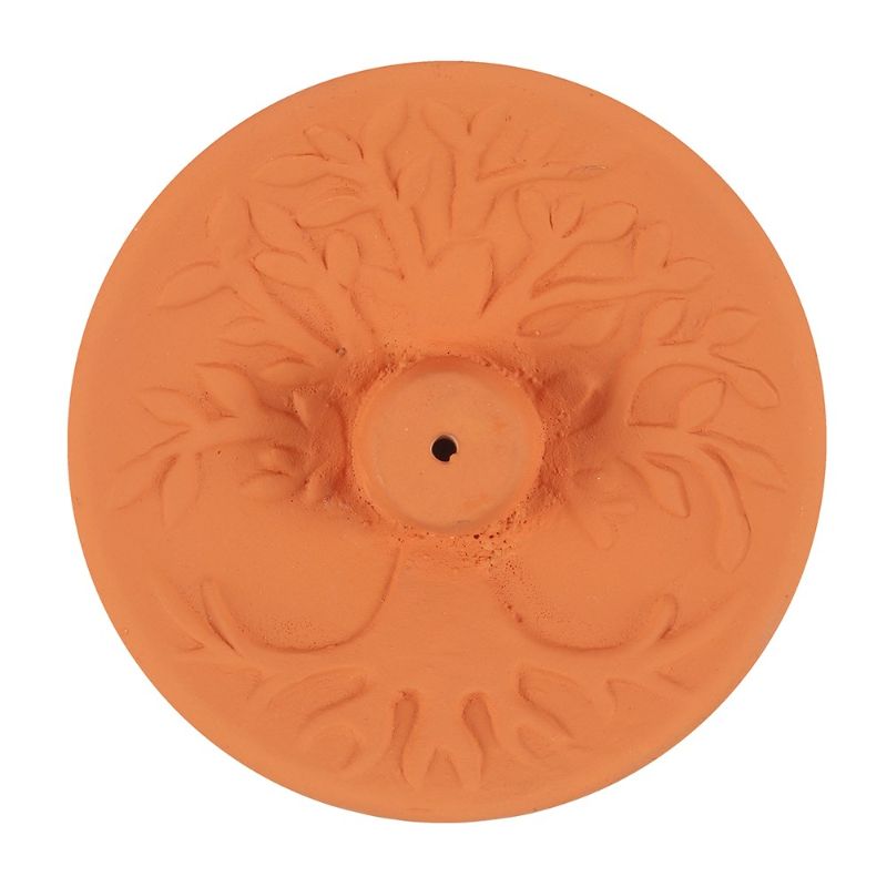 Terracotta incense plate with a detailed Tree of Life design, perfect for meditation spaces or home decor.