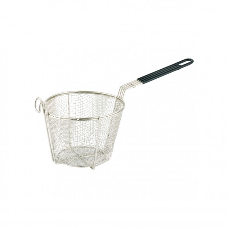 Round stainless steel fry basket from Chef Inox, 200mm diameter, ideal for frying fries, onion rings, and calamari.