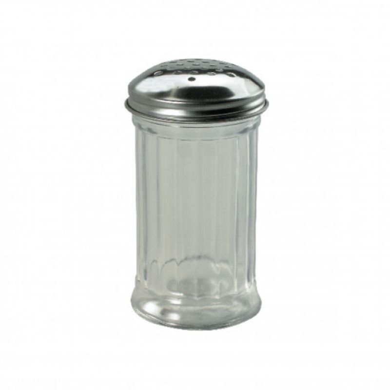 Elegant glass cheese shaker with stainless steel top, holds 355ml for easy dispensing on pizzas, pastas, and salads.