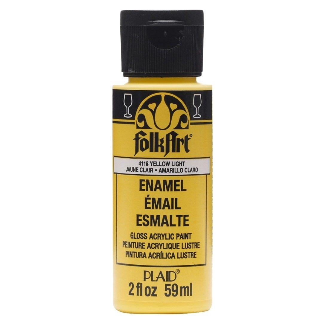 Folk Art Yellow Light acrylic enamel paint in a 2oz bottle, perfect for vibrant glass and ceramic crafting.