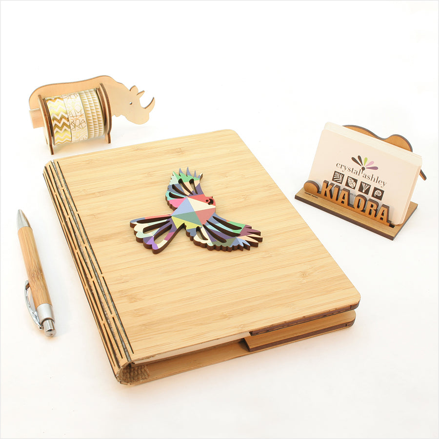 NZ Silver Beech and Bamboo Veneer notebook with a geometric fantail design, perfect for eco-friendly journaling and note-taking.