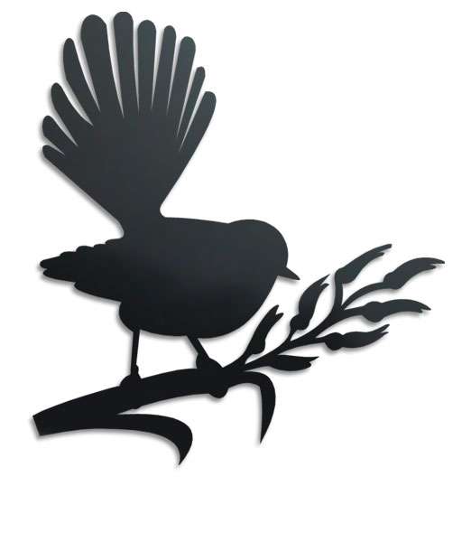 Fantail perched on flax, an exquisite Kiwiana wall art piece in durable ACM, perfect for enhancing any living space.