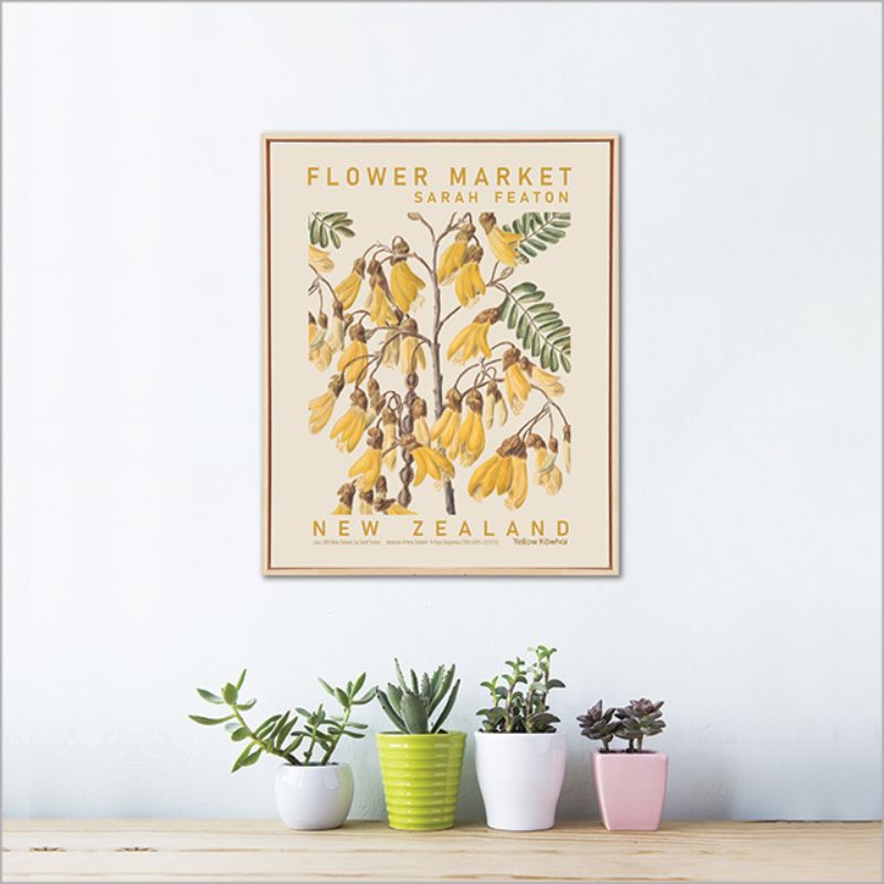 Framed canvas art featuring vibrant yellow Kowhai flowers by Sarah Featon, perfect for enhancing any living space.