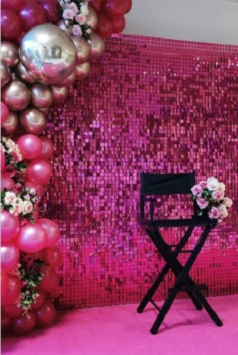 Vibrant cerise square sequin backdrop set of 24 panels, ideal for events and photo shoots, measuring 30 x 30 cm each.