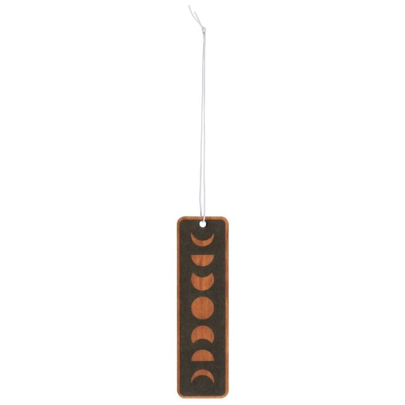 Stylish moon phase air freshener with juicy peach scent, perfect for cars or rooms, featuring a chic faux wood design.