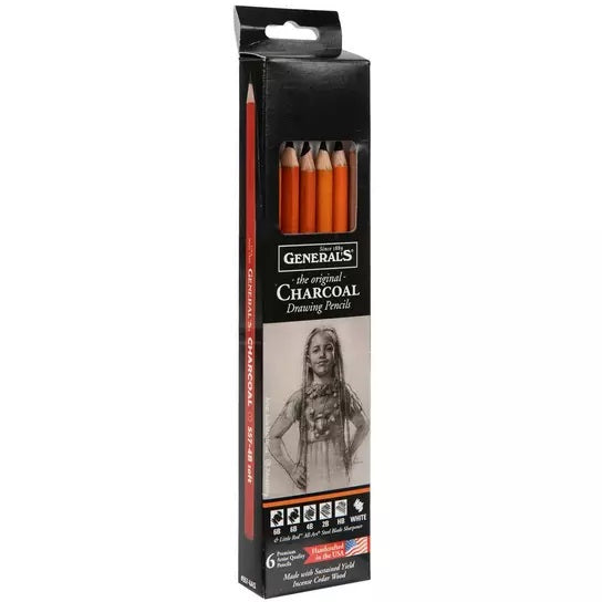 Set of 6 charcoal drawing pencils with various degrees and S-650 sharpener, ideal for versatile artistic creations.