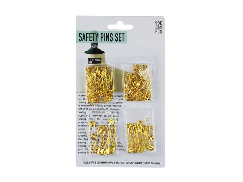 Gold safety pins assortment, 125 pieces per pack, ideal for sewing, crafting, and creative projects with elegant durability.