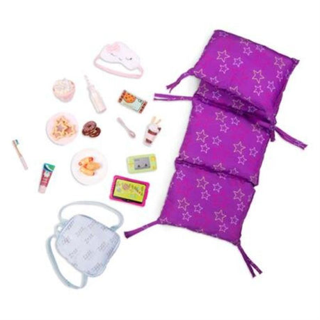 Alt text: "Our Generation Sleepover Party accessory set for 18-inch dolls with snacks, foldable mattress, and blue knapsack."