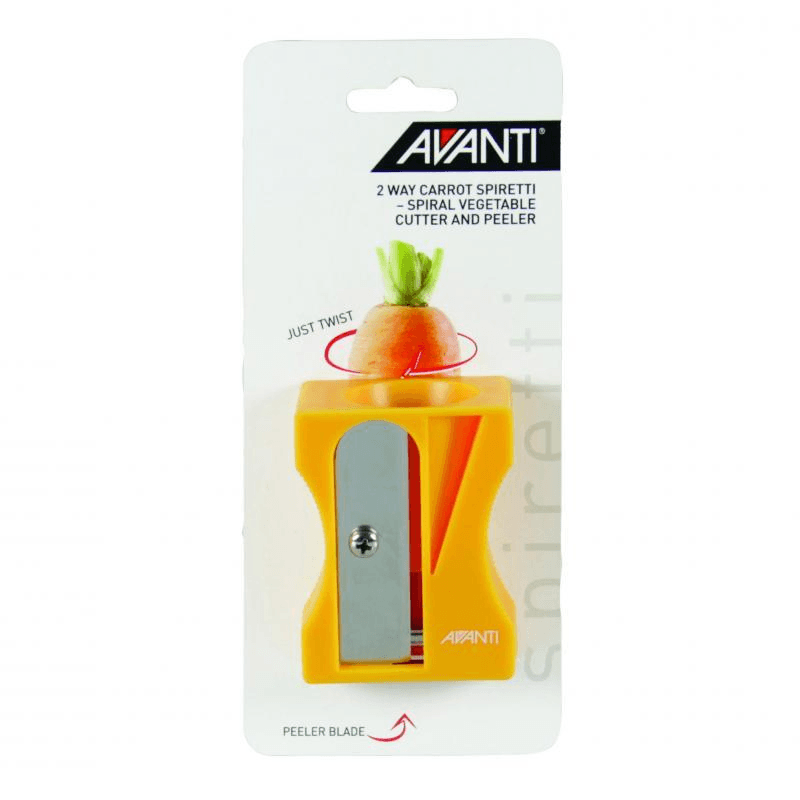 Orange Avanti Carrot Spiretti spiralizer for creating decorative vegetable ribbons from carrots, zucchinis, and cucumbers.