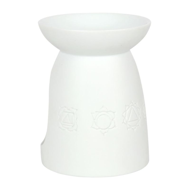 Sleek white ceramic oil burner with seven chakra symbols, perfect for aromatherapy and enhancing relaxation in any space.