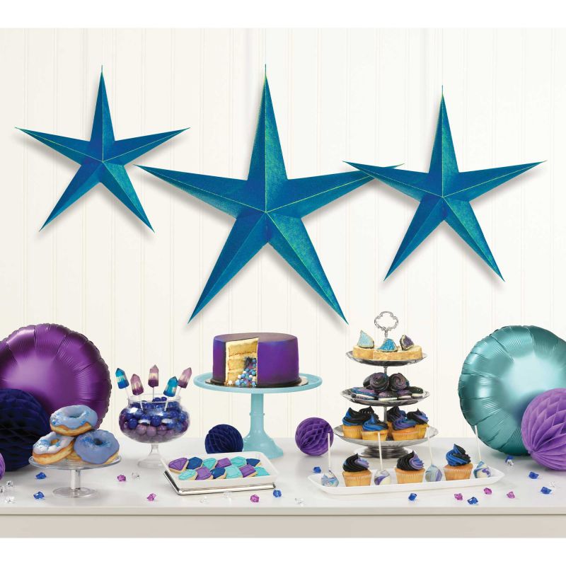 Hanging 3D sapphire stars decorations in varying sizes for elegant party and event decor. Perfect for creating a magical atmosphere.