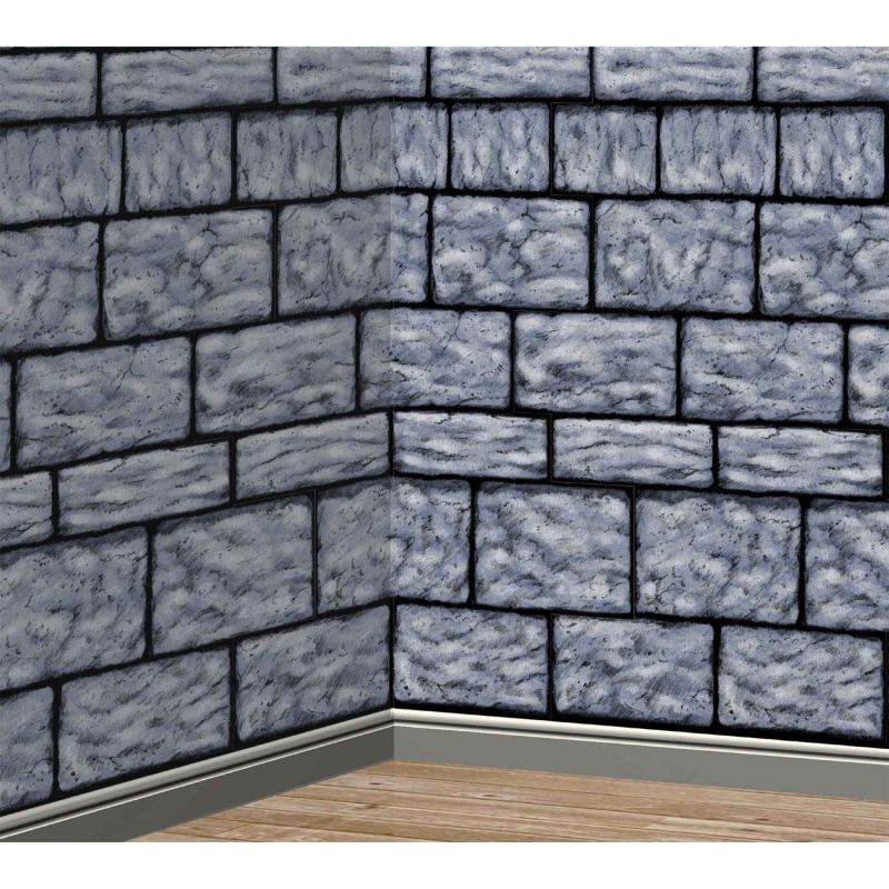 Plastic stone wall scene setter roll measuring 1.21m x 12.1m, perfect for themed events and photography backdrops.