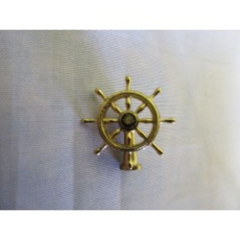 Wooden ship wheel on a stand, 25mm diameter, enhancing nautical decor with classic craftsmanship and marine charm.