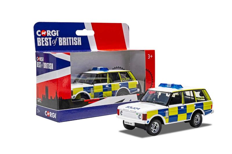 Diecast model of a Range Rover in police livery, showcasing British craftsmanship and collectible detail.