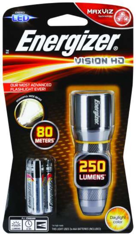 Energizer Vision Metal HD flashlight with 250 lumens, 3 light modes, dimmable beam, and durable shatterproof design.