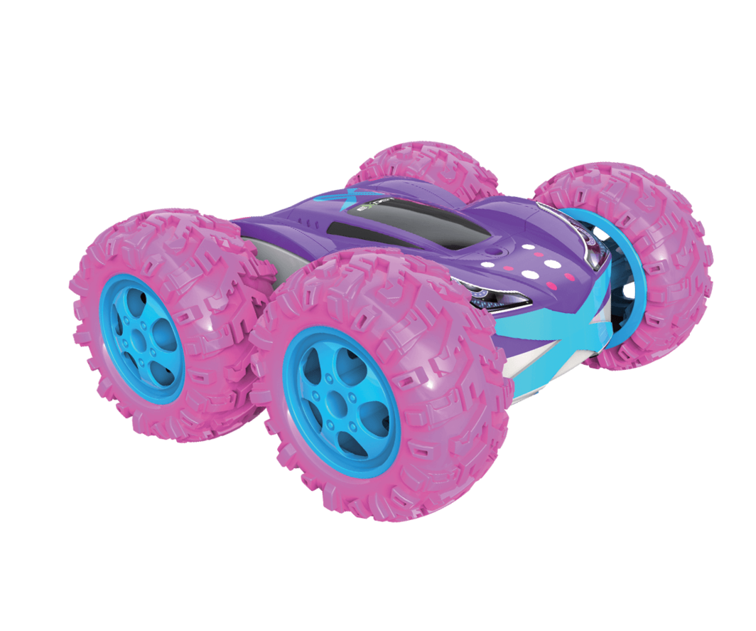 Pink remote control car featuring a double-sided body, advanced steering, and robust tyres for thrilling 360-degree flips.