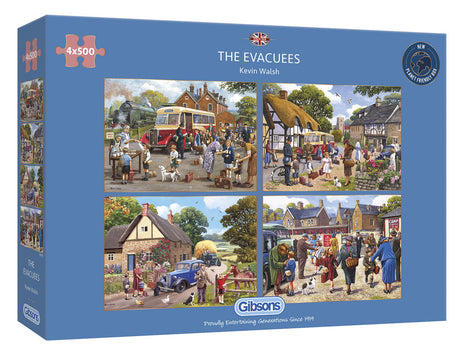 Four captivating 500-piece puzzles depicting children's WWII journeys, featuring vibrant artwork and eco-friendly materials.