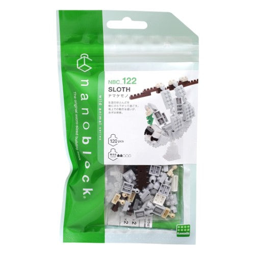 Colorful Nanoblock sloth building set with over 120 pieces, suitable for ages 12 and up, perfect for creative fun.