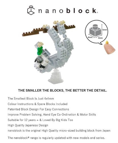 Nanoblock: Sloth building set featuring over 120 pieces for ages 12+, perfect for enhancing creativity and fine motor skills.