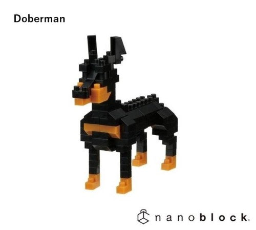 Nanoblock Doberman building kit with over 120 pieces for ages 12+, perfect for dog lovers and model enthusiasts.