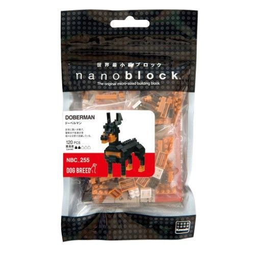 Nanoblock Doberman building kit with 120+ pieces, perfect for ages 12+; great for creativity and fine motor skills.