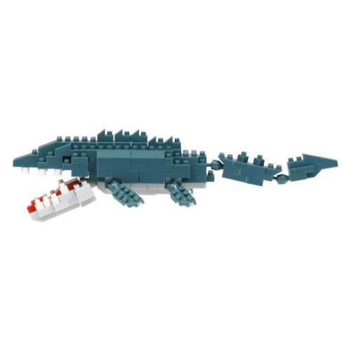 Nanoblock Mosasaurus building set with 180+ pieces, perfect for ages 12 and up, enhancing creativity and fine motor skills.
