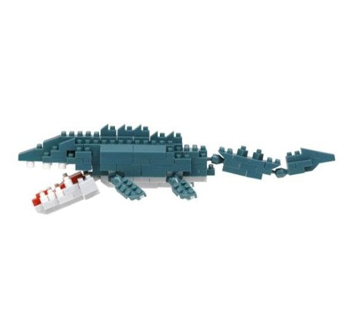 Nanoblock Mosasaurus building set featuring 180+ pieces, perfect for ages 12 and up, blending fun with fine motor skills.