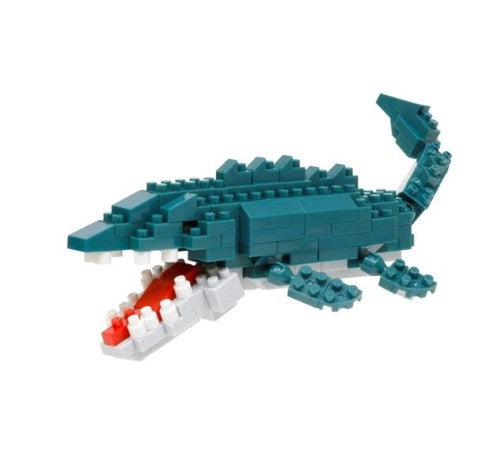 Nanoblock Mosasaurus building set features 180+ pieces for ages 12+, perfect for enhancing creativity and fine motor skills.