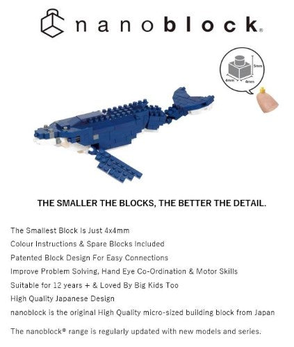 Nanoblock Humpback Whale set with over 190 pieces, suitable for ages 12+, perfect for creativity and ocean lovers.