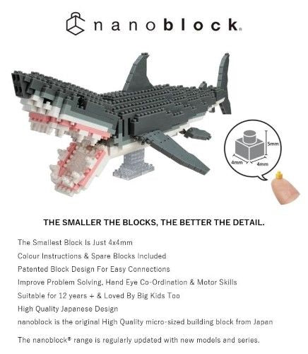 Detailed Nanoblock set of a Great White Shark featuring 680 pieces, ideal for builders aged 12 and up.