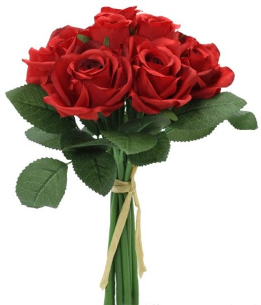Realistic red artificial rose bouquet, 24cm tall and 20cm wide, perfect for elegant home decor and lasting beauty.