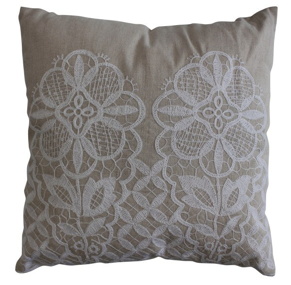 Vintage hand-embroidered square cushion with lace details, measuring 50 x 50 cm, perfect for stylish home decor.