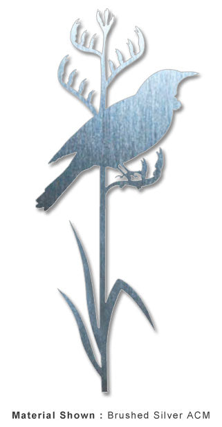 Tui on Tall Flax wall art in silver, crafted from durable ACM, perfect for adding Kiwiana style to any indoor or outdoor space.