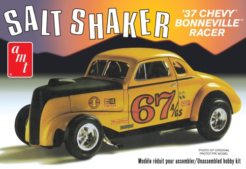 Detailed 1/25 scale model kit of a 1937 Chevy Coupe Salt Shaker with 190+ parts for customization and assembly.