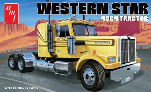 High-detail 1/24 scale model kit of Western Star 4964 Tractor with 295+ parts, featuring chrome accents and a steerable front axle.