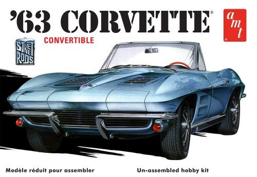 Model kit of a 1963 Chevy Corvette Convertible, featuring 163 detailed parts for customizable builds.