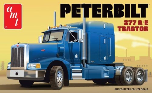 Detailed 1/24 scale model kit of the Peterbilt 377 A/E Tractor, featuring chrome parts and customizable decals.