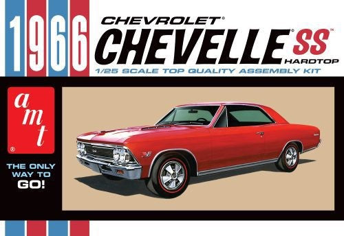 Detailed 1/25 scale model kit of a 1966 Chevy Chevelle SS, featuring over 100 parts, chrome accents, and custom steering wheels.