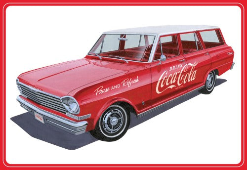 Detailed 1/25 scale model kit of a 1963 Chevy Nova Wagon in off-white with chrome accents and Coca-Cola decals.