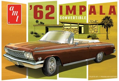 1/25 scale model kit of a 1962 Chevy Impala Convertible with detailed parts, vibrant colors, and authentic whitewall tires.