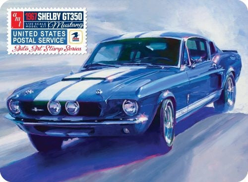 Scale model kit of a 1967 Shelby GT350 in USPS-themed tin, featuring 123 detailed parts for builders aged 14 and up.