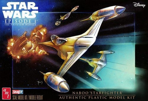 1/48 scale plastic model kit of the Naboo Starfighter from Star Wars, featuring snap-together assembly and colorful details.