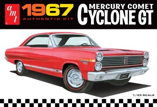 Detailed 1/25 scale model kit of the 1967 Mercury Cyclone GT, featuring a paintable chassis and customizable options.