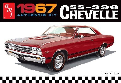 1/25 scale model kit of '67 Chevy Chevelle SS396 with 98 detailed parts, designed for customization and display.